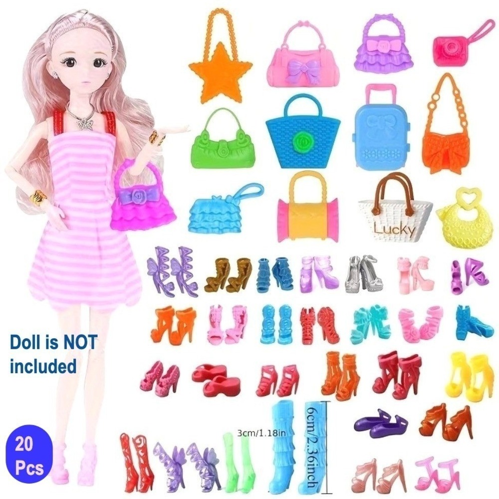 20 Piece Set Fashion Doll Accessories Barbie Style Shoes Purse Dress Up Lot